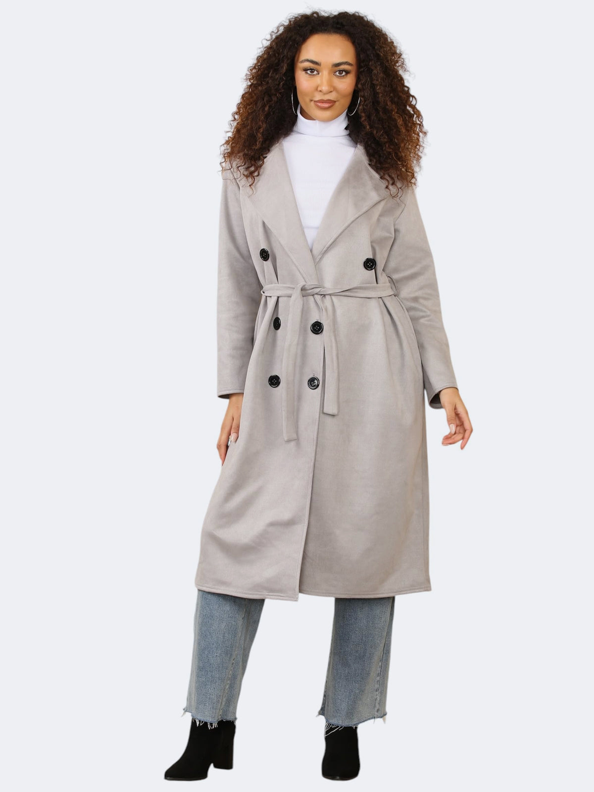 Women Italian Notch Lapel Double Breasted Waist Tie Thermal Trench Coat