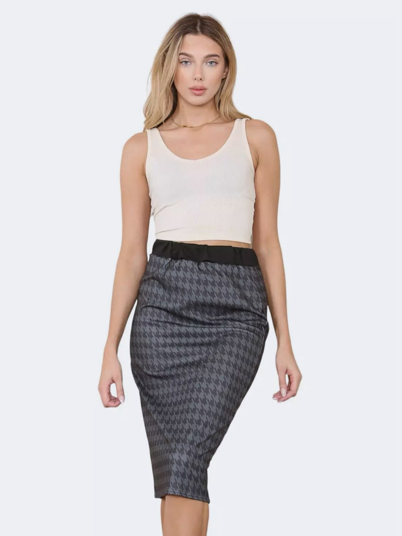 Women Dog Tooth Printed Bodycon Midi Skirt - Grunge Wear