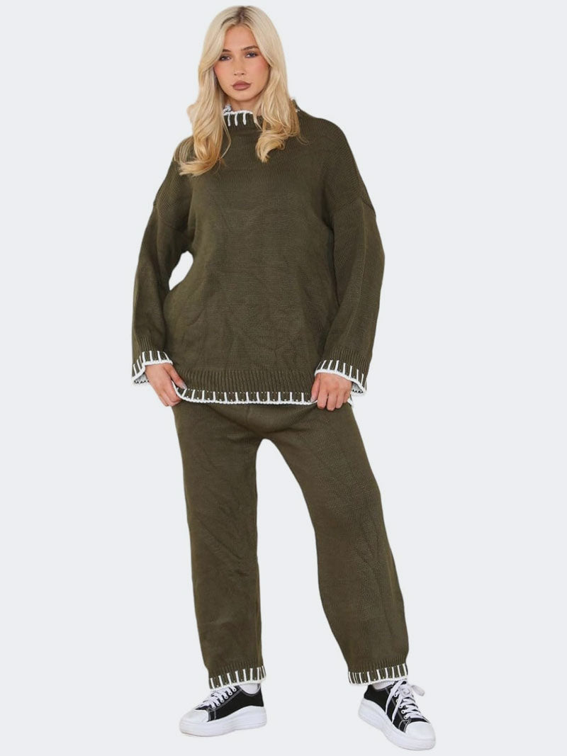 Women Knitted Contrast Jumper and Trouser - Grunge Wear