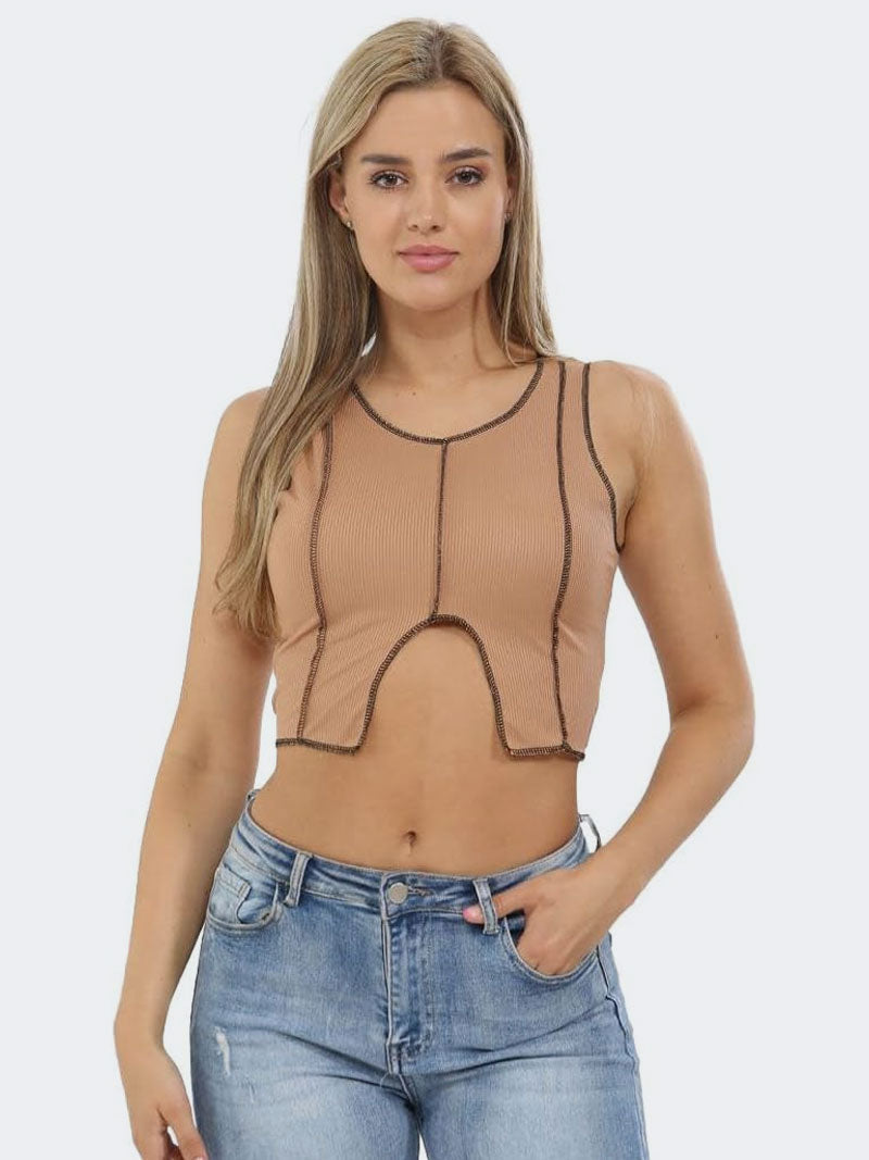 Women Ribbed Split Hem Cut Out Crop Top - Grunge Wear