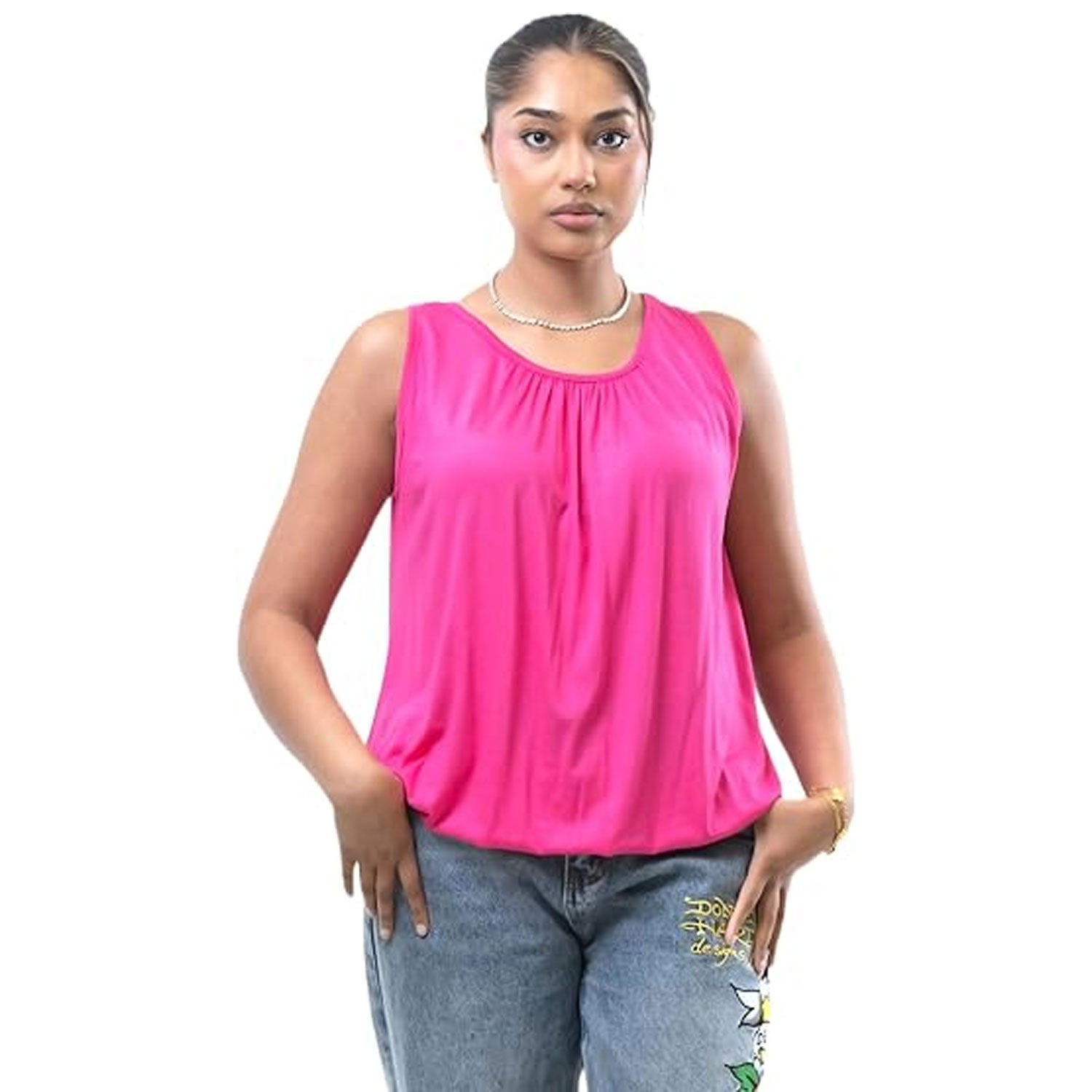 Women Round Scoop Neck Vest Ladies Elasticated Waist - Grunge Wear