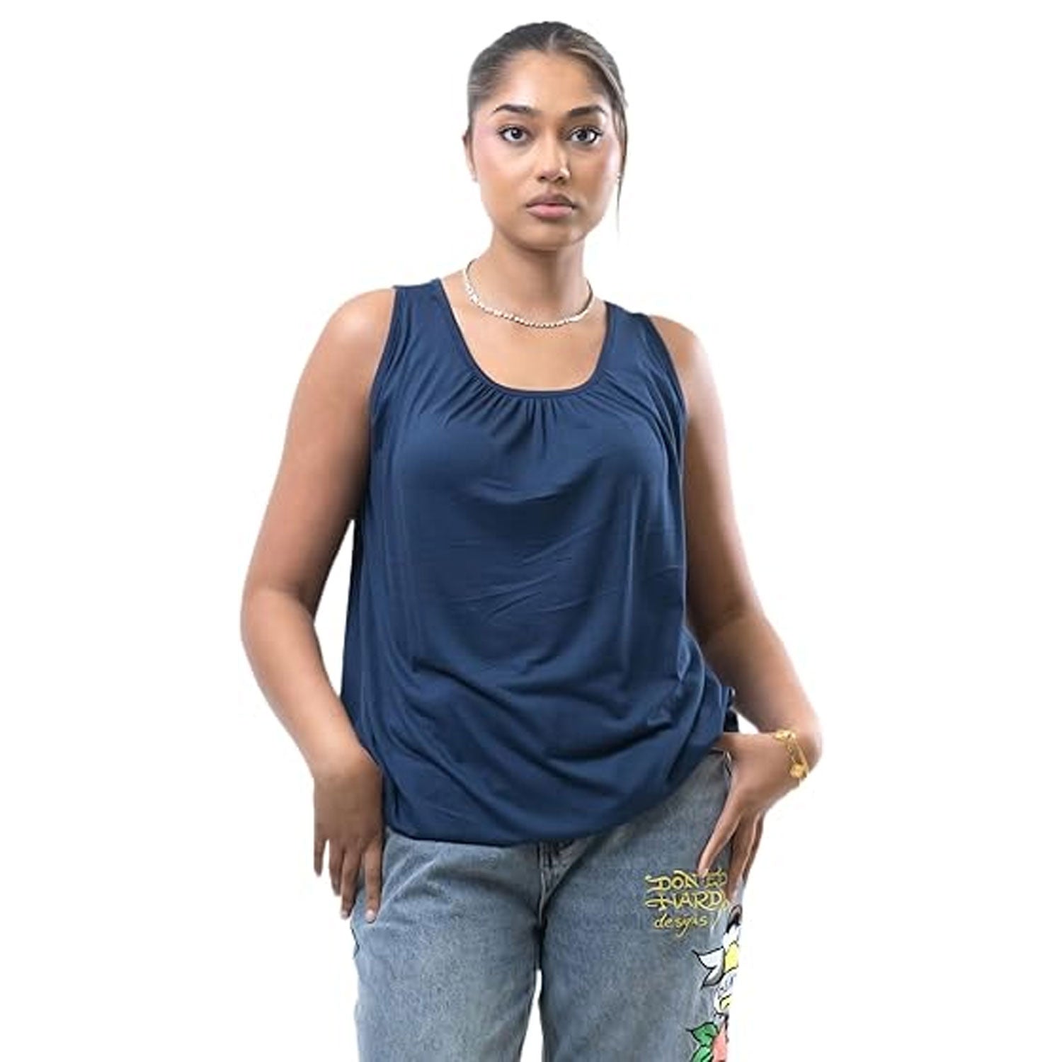 Women Round Scoop Neck Vest Ladies Elasticated Waist - Grunge Wear