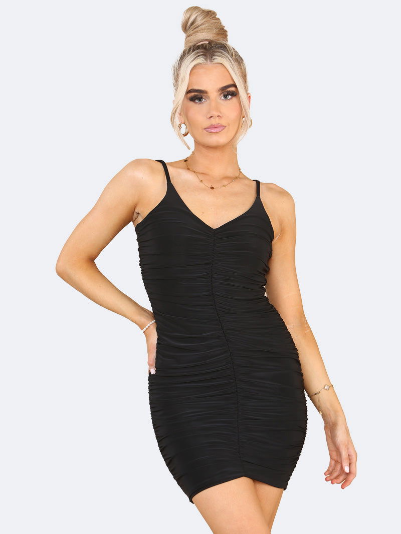 Women V-Neck Cami Strap Ruched Mini Bodycon Dress - Grunge Wear