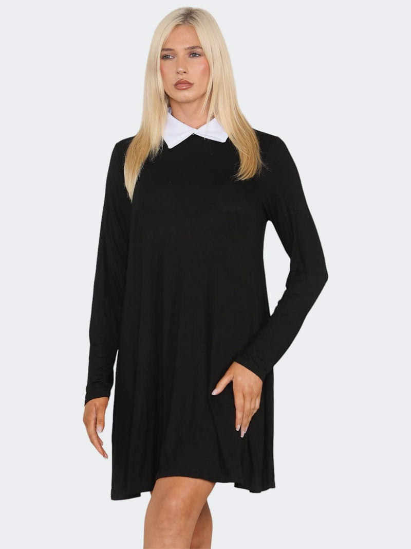 Women's Long Sleeve Peter Pan Collar Flared Swing Dress - Grunge Wear