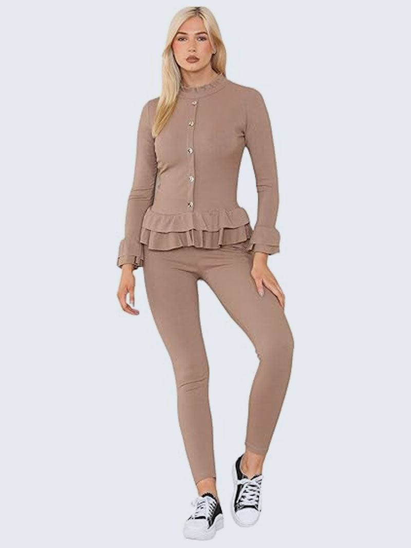 Women’s Ribbed Peplum Frill Gold Button Top and Legging Loungewear Suit, - Grunge Wear