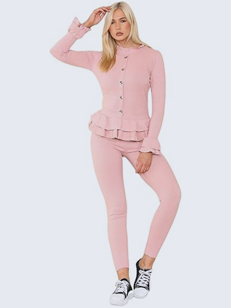 Women’s Ribbed Peplum Frill Gold Button Top and Legging Loungewear Suit, - Grunge Wear