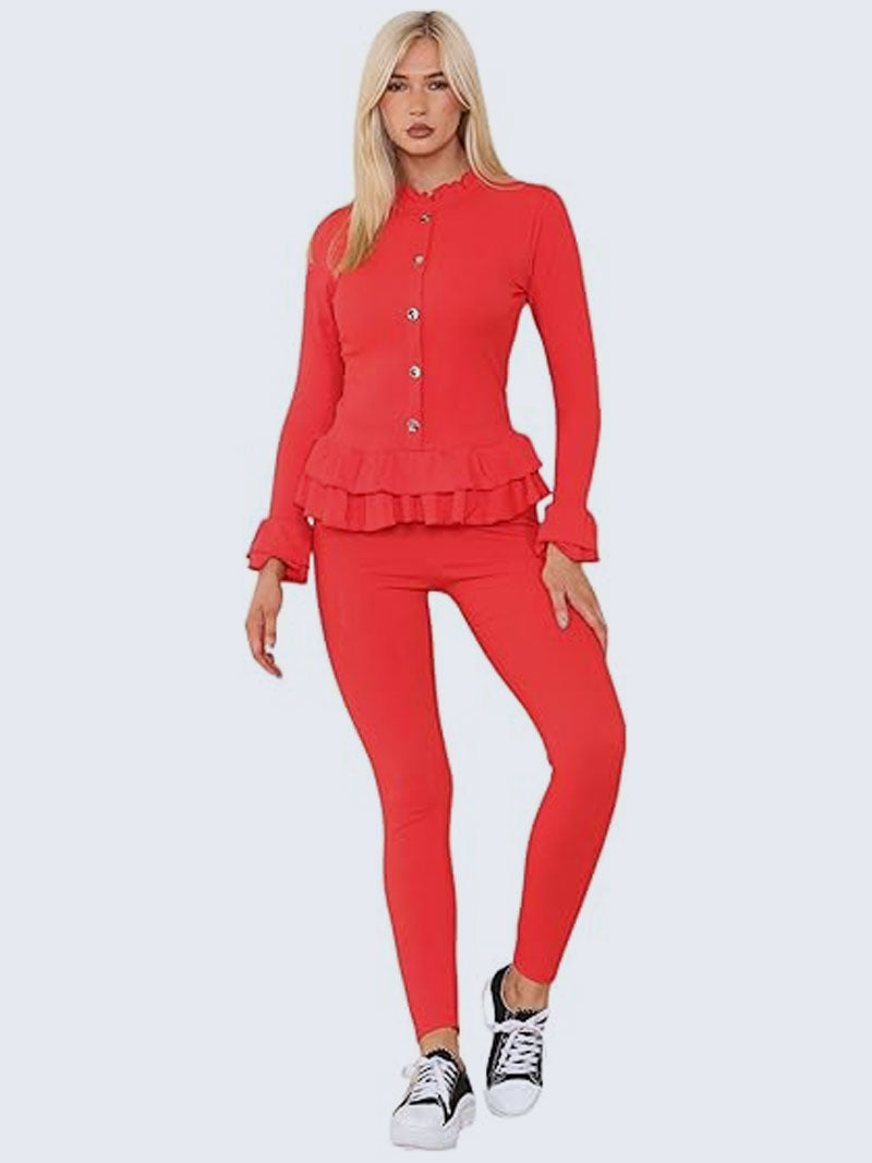 Women’s Ribbed Peplum Frill Gold Button Top and Legging Loungewear Suit, - Grunge Wear