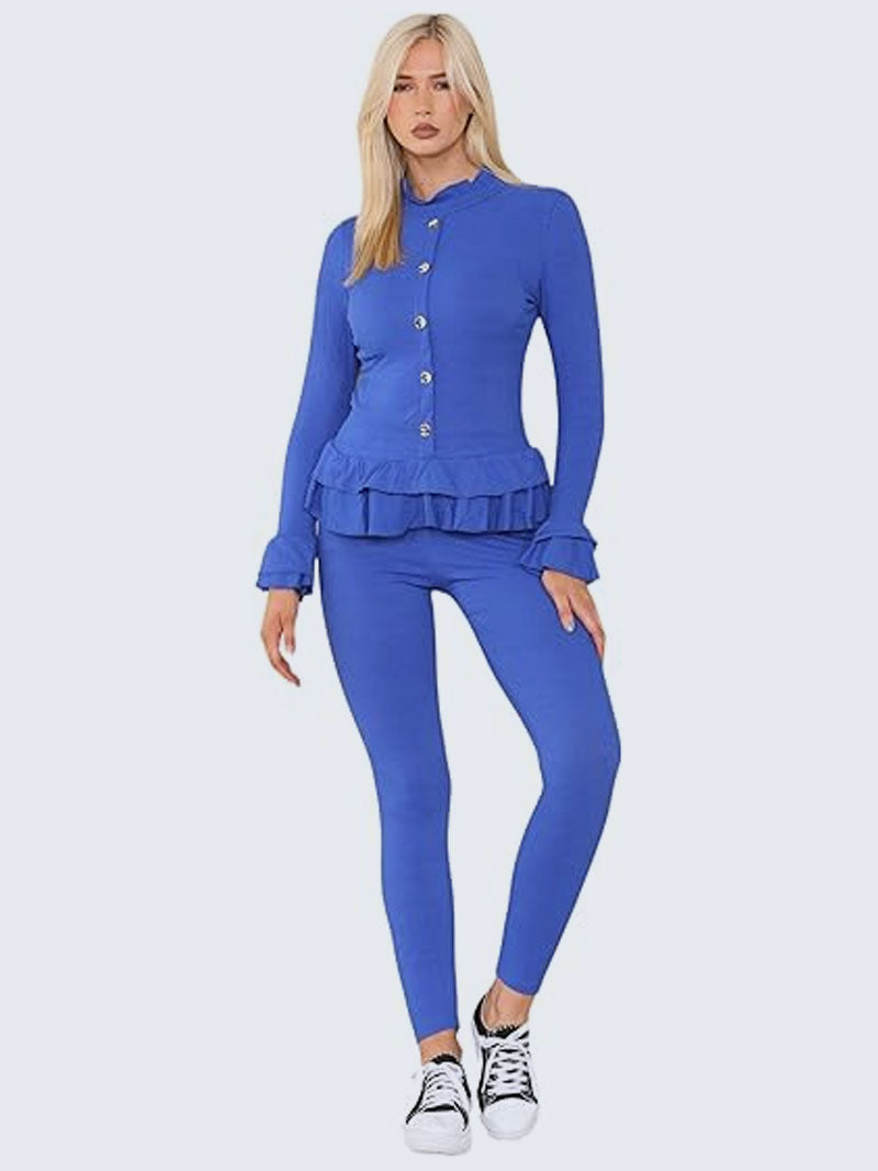 Women’s Ribbed Peplum Frill Gold Button Top and Legging Loungewear Suit, - Grunge Wear