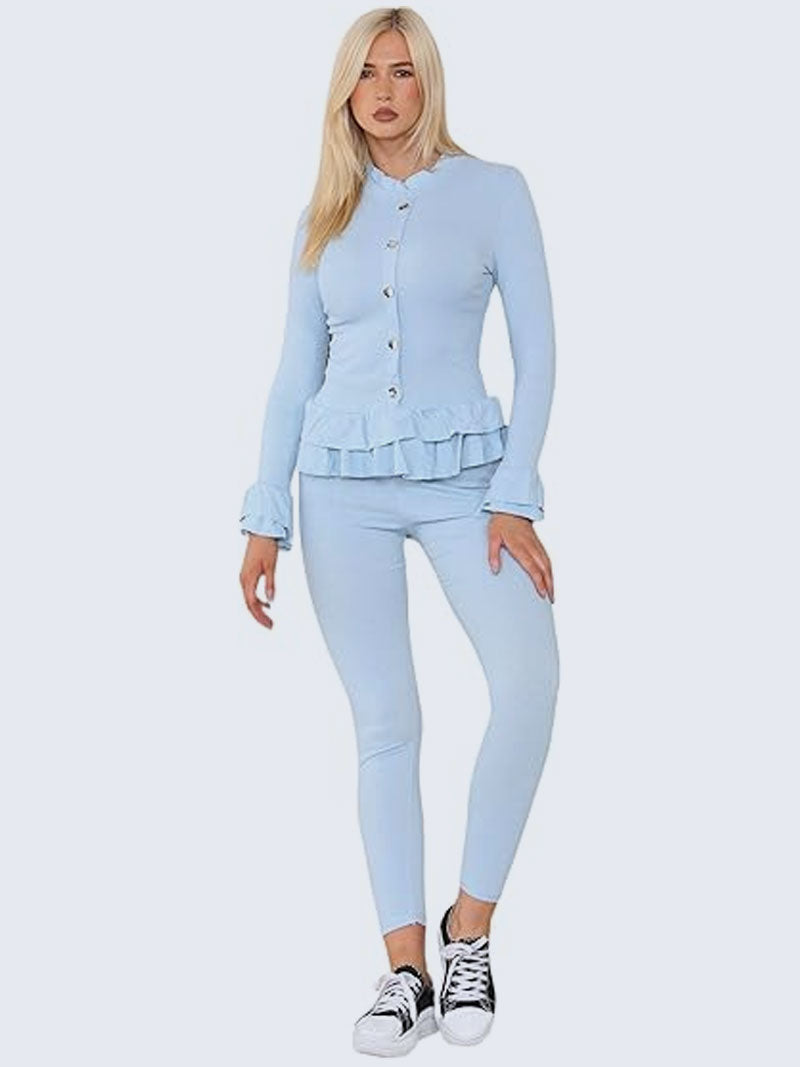 Women’s Ribbed Peplum Frill Gold Button Top and Legging Loungewear Suit, - Grunge Wear