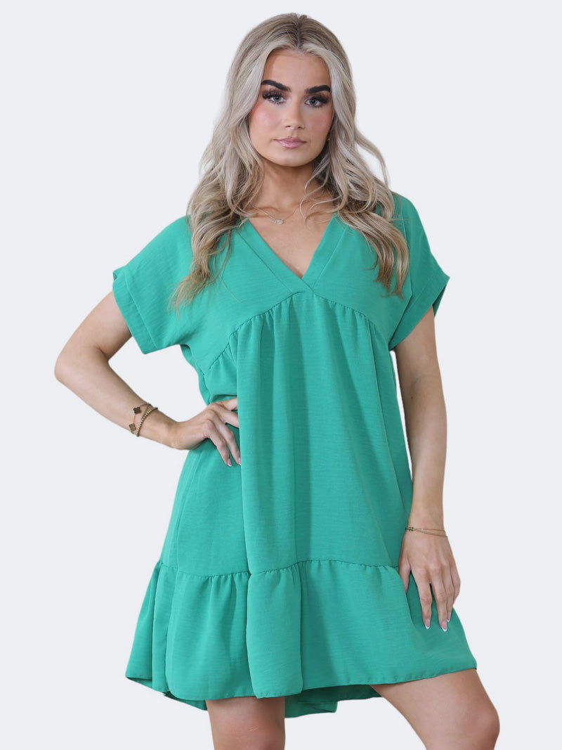 Women's V-Neck Short Sleeve Ruffle Pleated Mini Swing Smock Dress - Grunge Wear