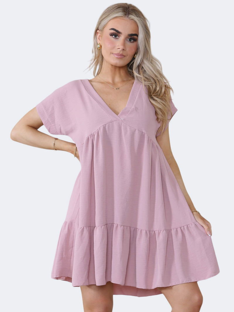 Women's V-Neck Short Sleeve Ruffle Pleated Mini Swing Smock Dress - Grunge Wear