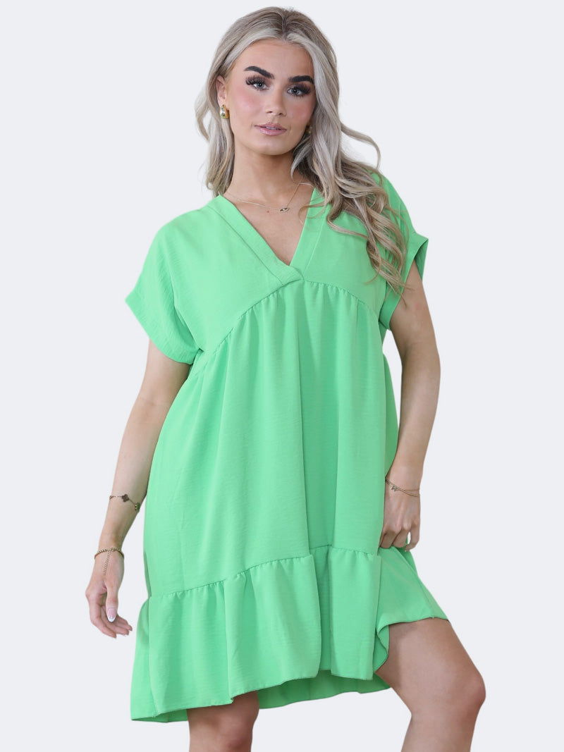 Women's V-Neck Short Sleeve Ruffle Pleated Mini Swing Smock Dress - Grunge Wear