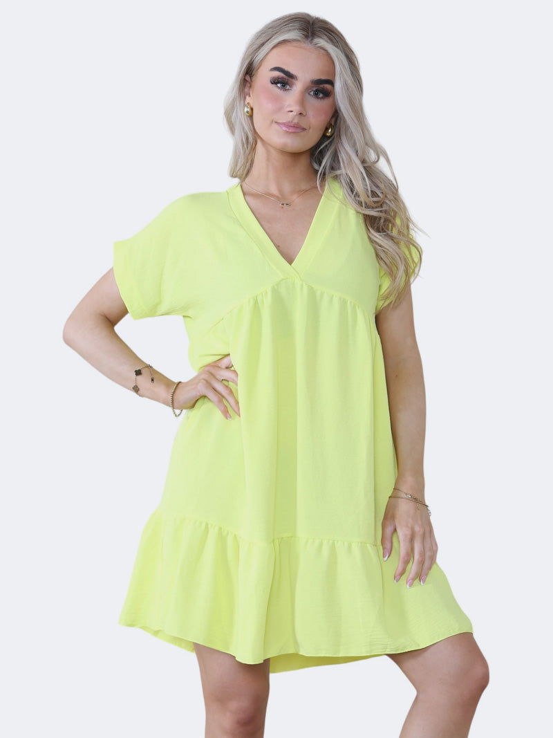 Women's V-Neck Short Sleeve Ruffle Pleated Mini Swing Smock Dress - Grunge Wear