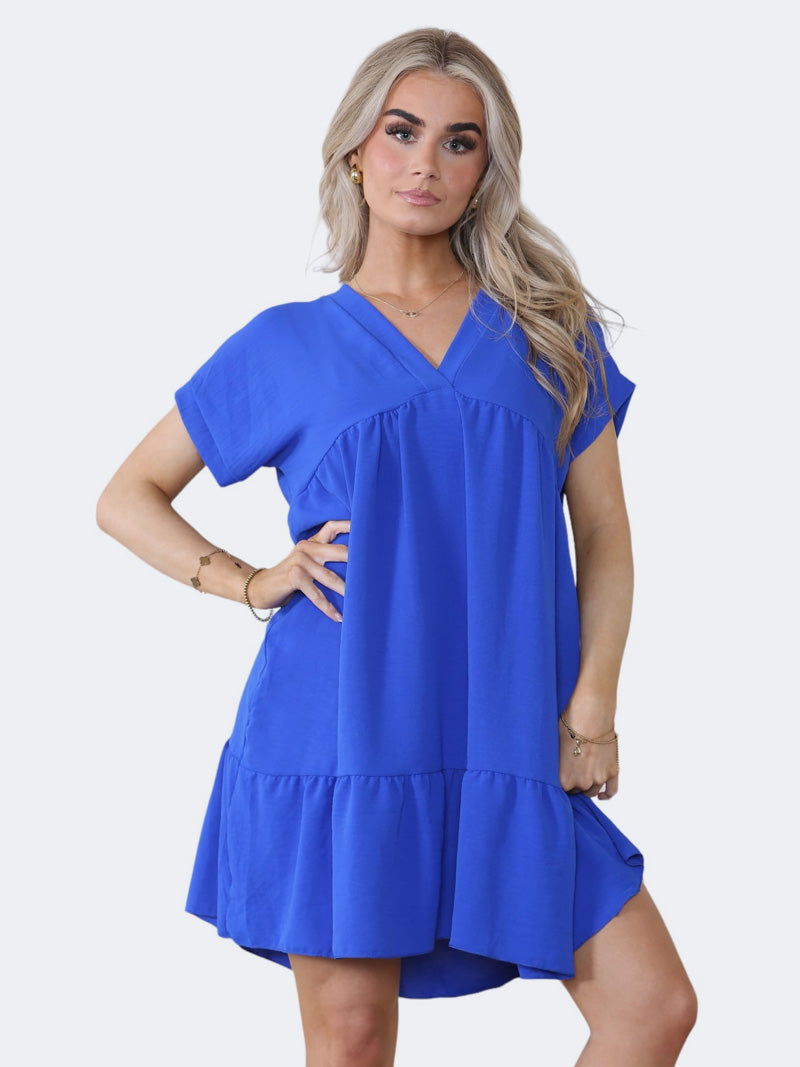 Women's V-Neck Short Sleeve Ruffle Pleated Mini Swing Smock Dress - Grunge Wear