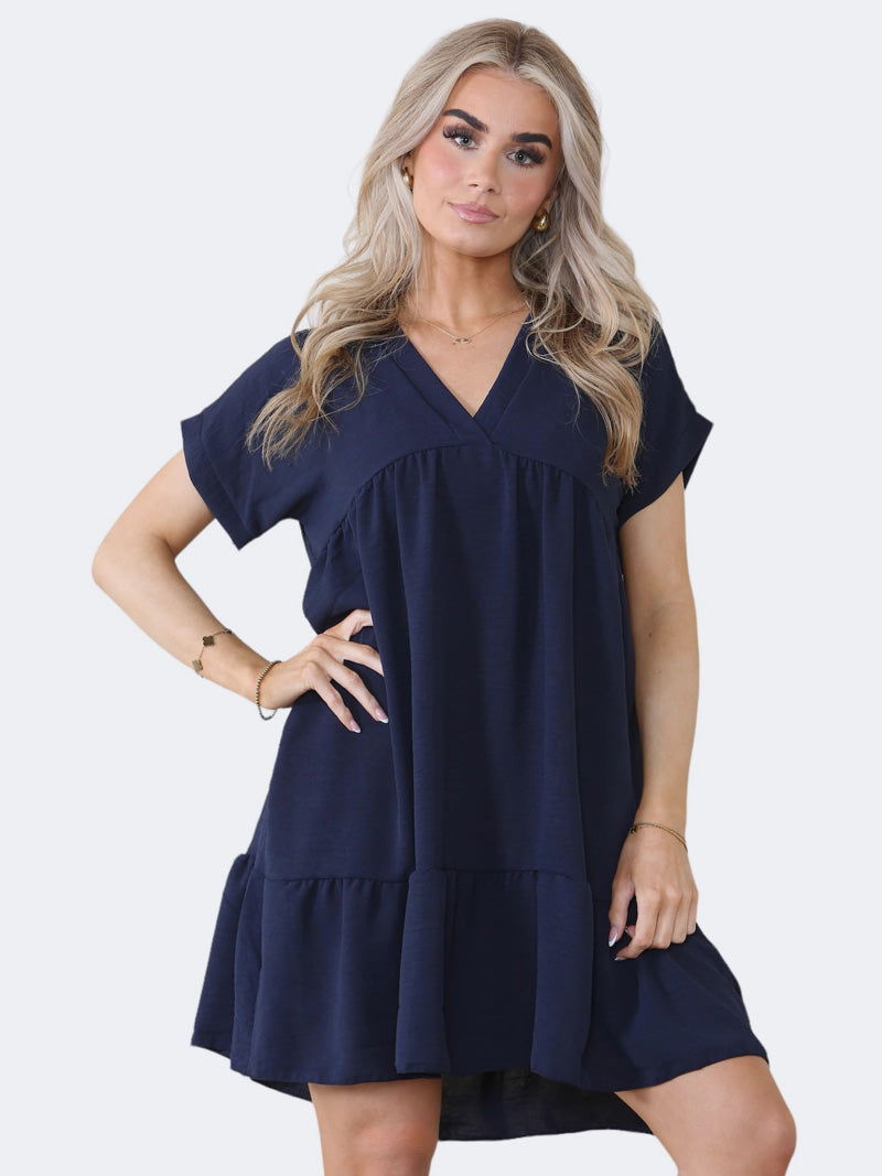 Women's V-Neck Short Sleeve Ruffle Pleated Mini Swing Smock Dress - Grunge Wear