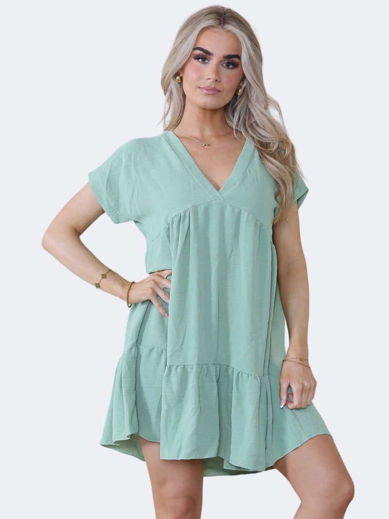 Women's V-Neck Short Sleeve Ruffle Pleated Mini Swing Smock Dress - Grunge Wear