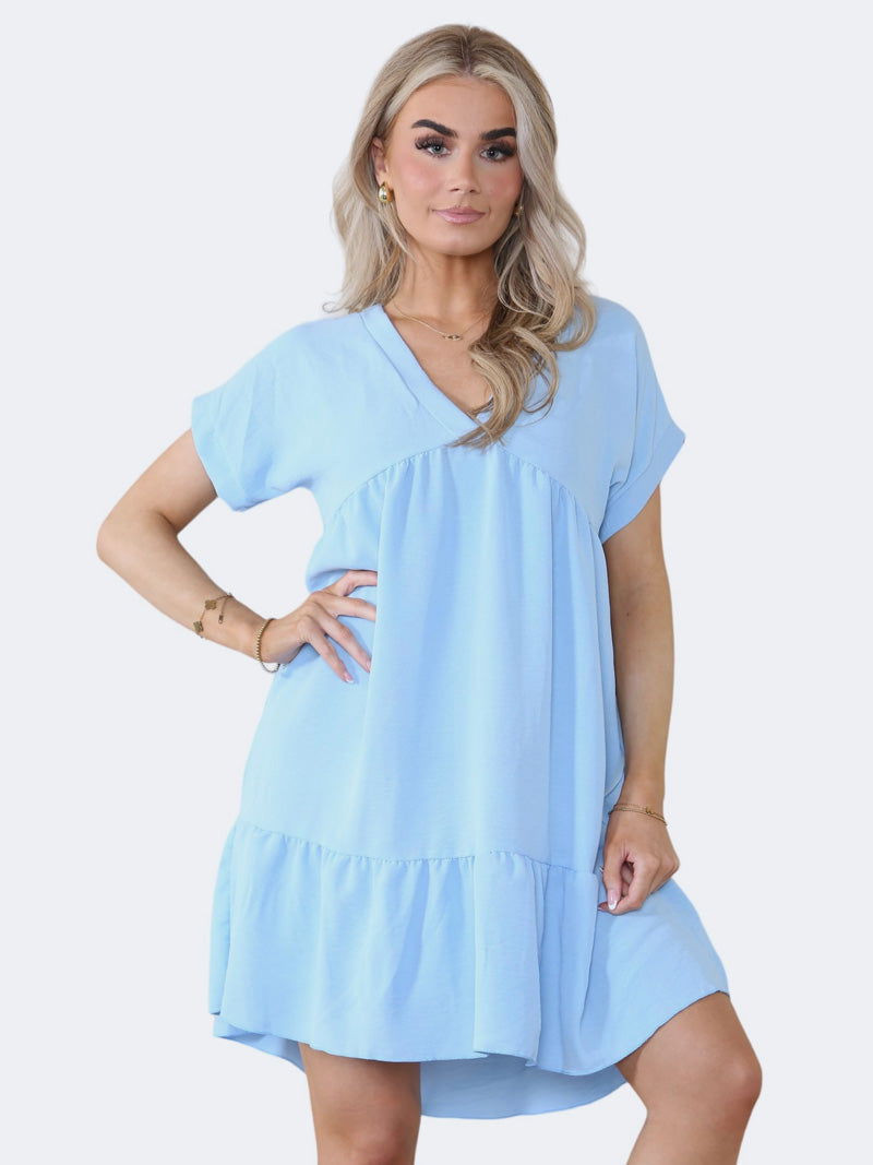 Women's V-Neck Short Sleeve Ruffle Pleated Mini Swing Smock Dress - Grunge Wear