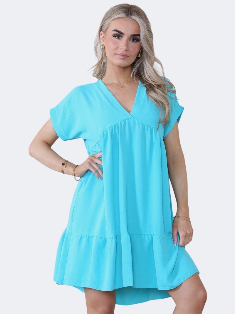 Women's V-Neck Short Sleeve Ruffle Pleated Mini Swing Smock Dress - Grunge Wear