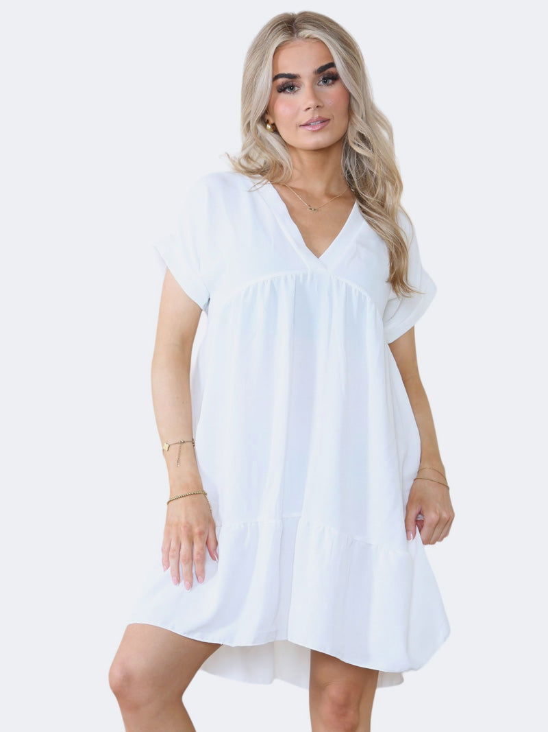 Women's V-Neck Short Sleeve Ruffle Pleated Mini Swing Smock Dress - Grunge Wear