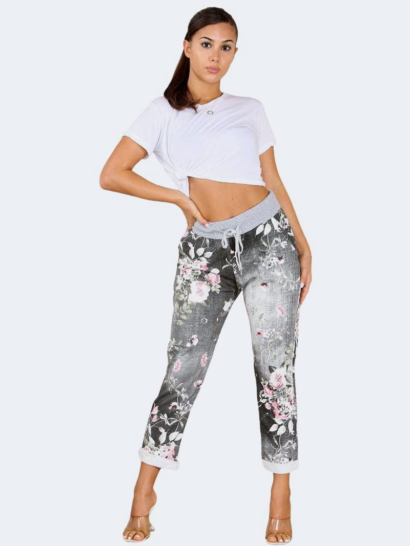 Womens Italian Floral Print Denim Cotton Trouser - Grunge Wear