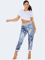 Womens Italian Floral Print Denim Cotton Trouser - Grunge Wear