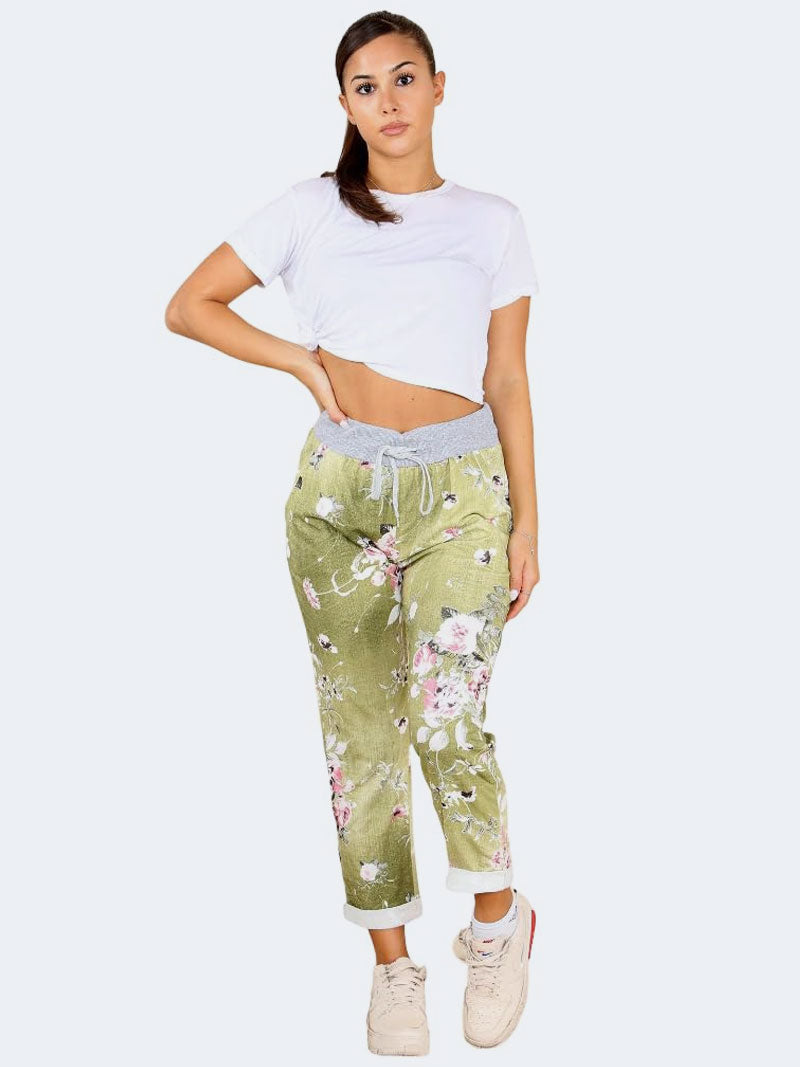 Womens Italian Floral Print Denim Cotton Trouser - Grunge Wear