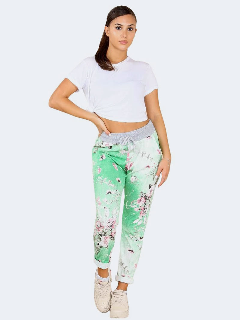 Womens Italian Floral Print Denim Cotton Trouser - Grunge Wear