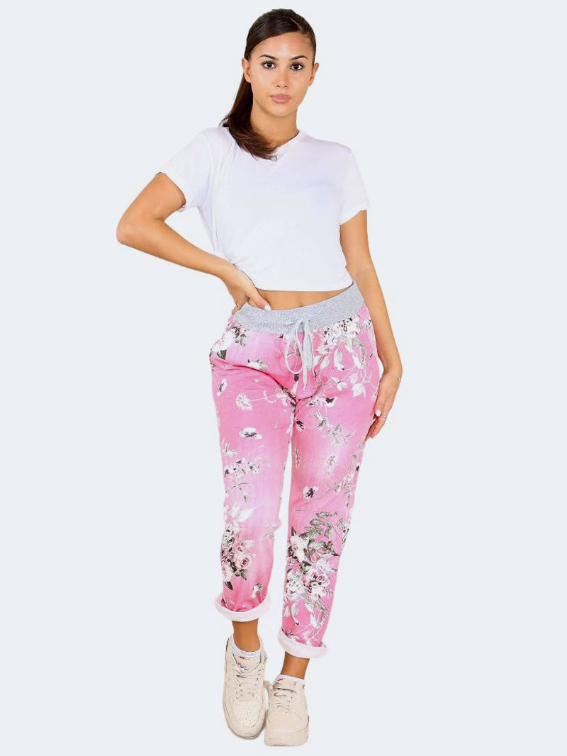 Womens Italian Floral Print Denim Cotton Trouser - Grunge Wear