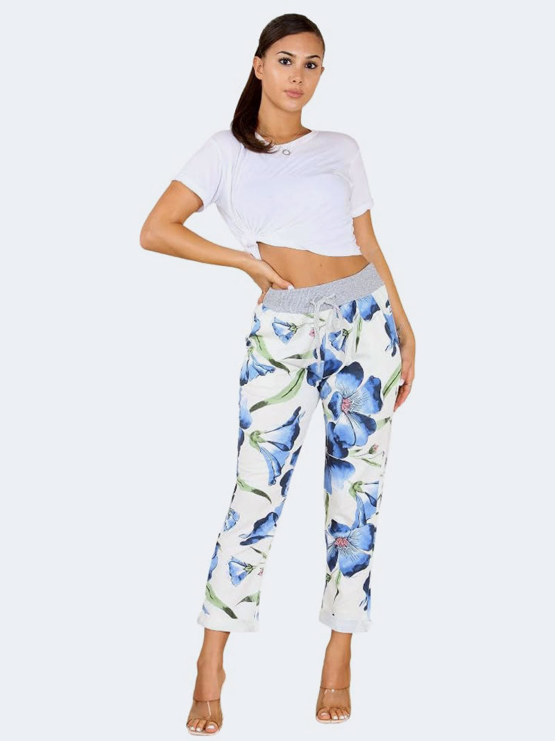 Womens Italian Hibiscus Floral Print Denim Cotton Pant Jogger - Grunge Wear