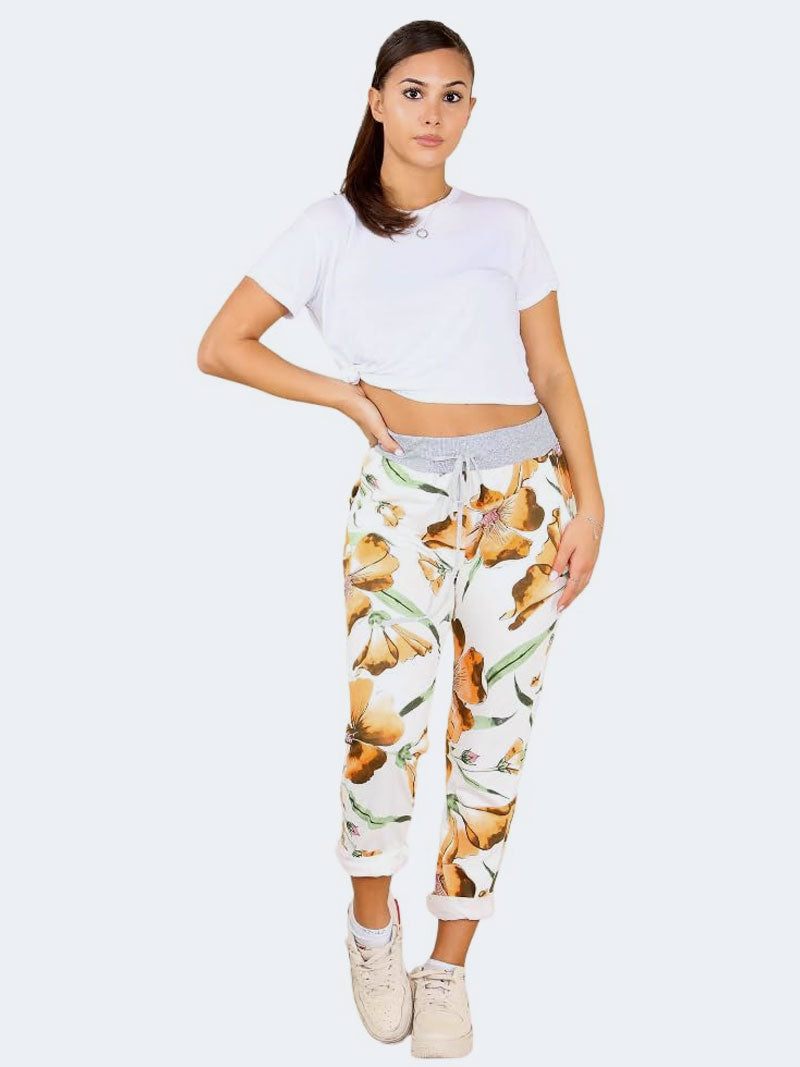 Womens Italian Hibiscus Floral Print Denim Cotton Pant Jogger - Grunge Wear