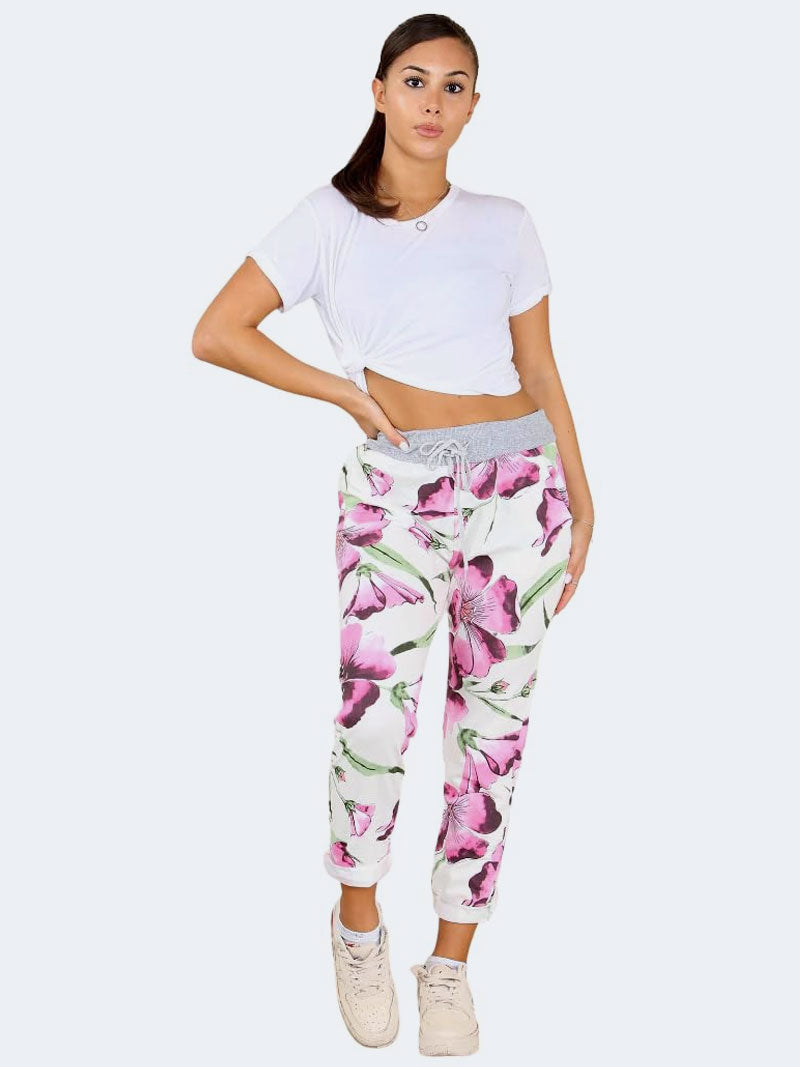 Womens Italian Hibiscus Floral Print Denim Cotton Pant Jogger - Grunge Wear