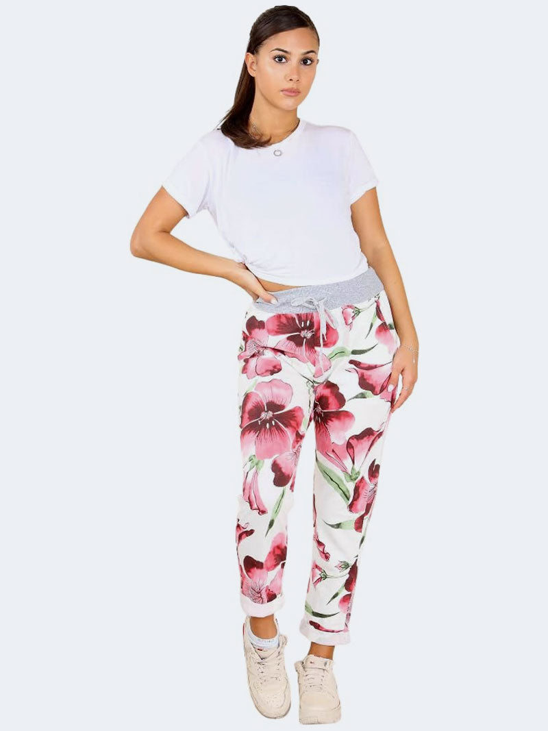 Womens Italian Hibiscus Floral Print Denim Cotton Pant Jogger - Grunge Wear