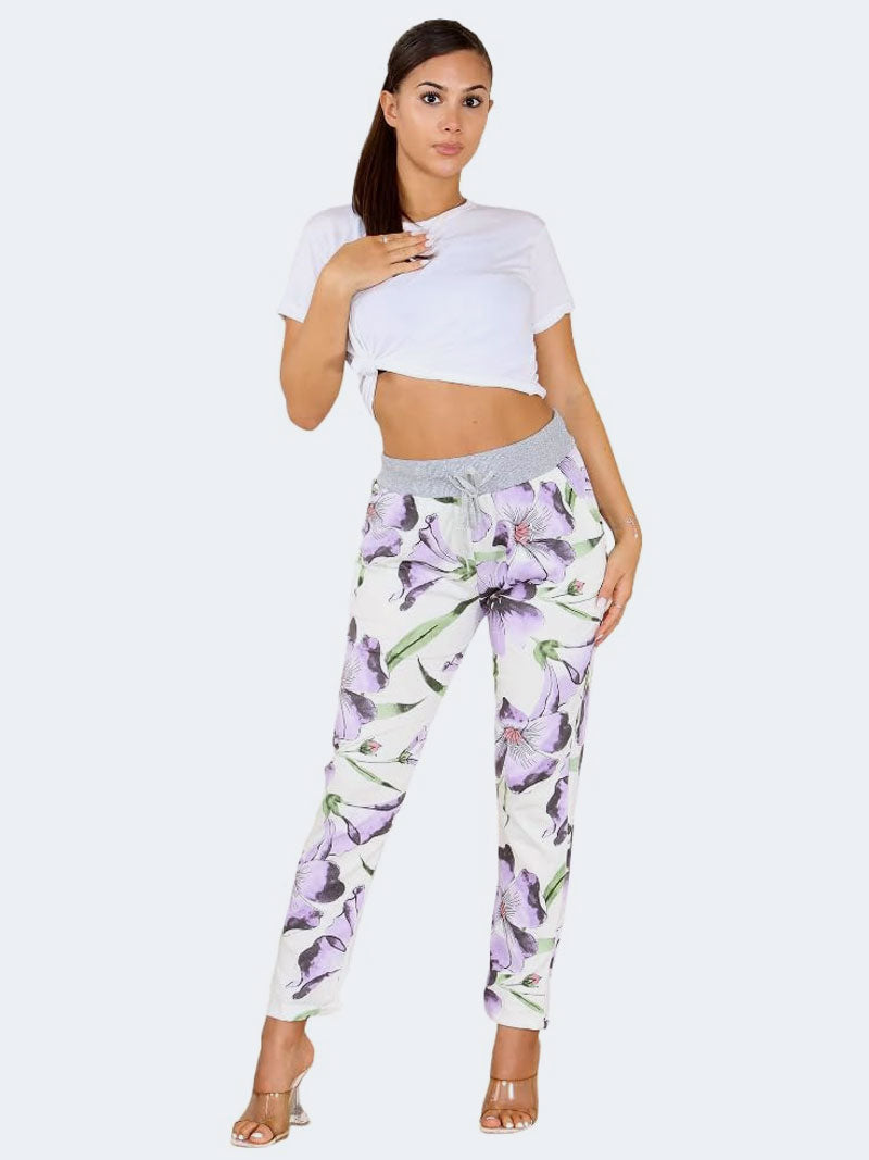 Womens Italian Hibiscus Floral Print Denim Cotton Pant Jogger - Grunge Wear