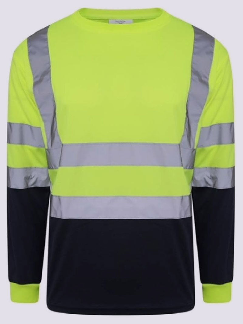 Hi Viz Mens Long Sleeve Crew Neck Two Tune Shirts - High Visibility Reflective Tape Safety Security Workwear Single Tone T-Shirt Tops