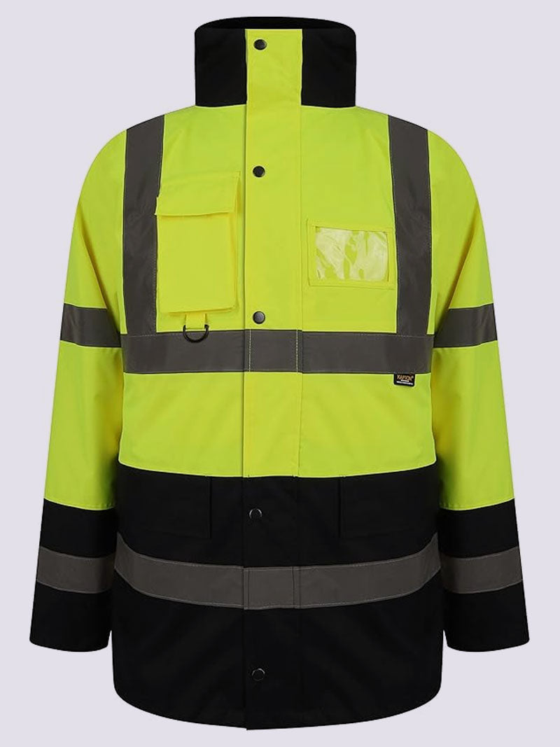 Hi Vis Viz Traffic Jacket High Visibility Heavy Duty Workwear Safety Security Concealed Hooded Padded Waterproof Fully Taped Seams Work Wear Parka Coat
