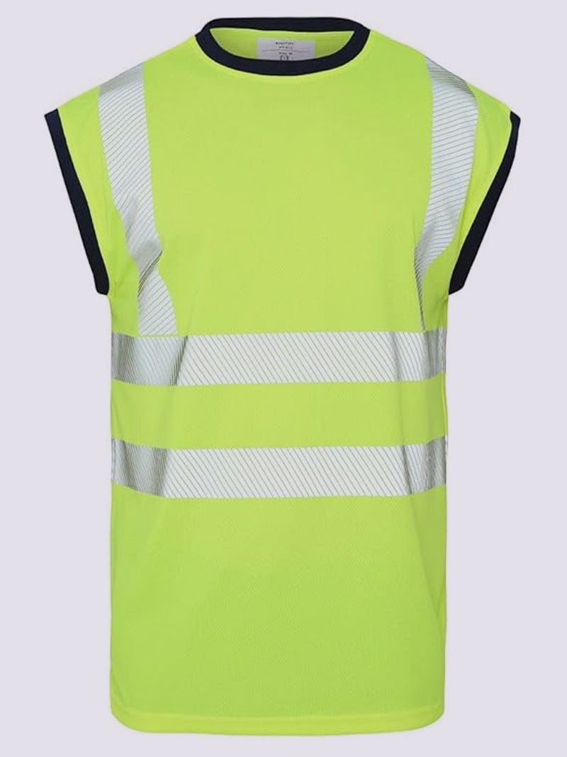 mens yellow hi vis sleeveless vest round neck high visibility workwear UK