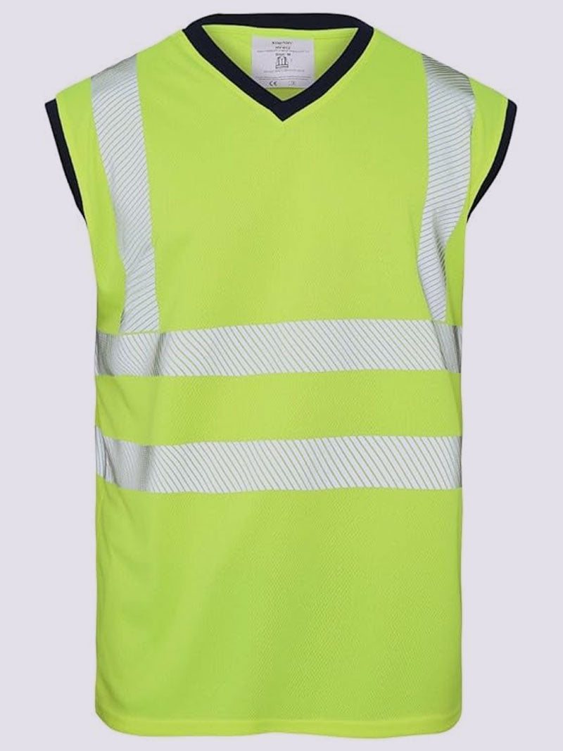 Hi Vis Viz Work Utility Sleeveless Round Neck T-Shirt Warning Vest | High Visibility Safety Security Workwear Double Tape Tank Top
