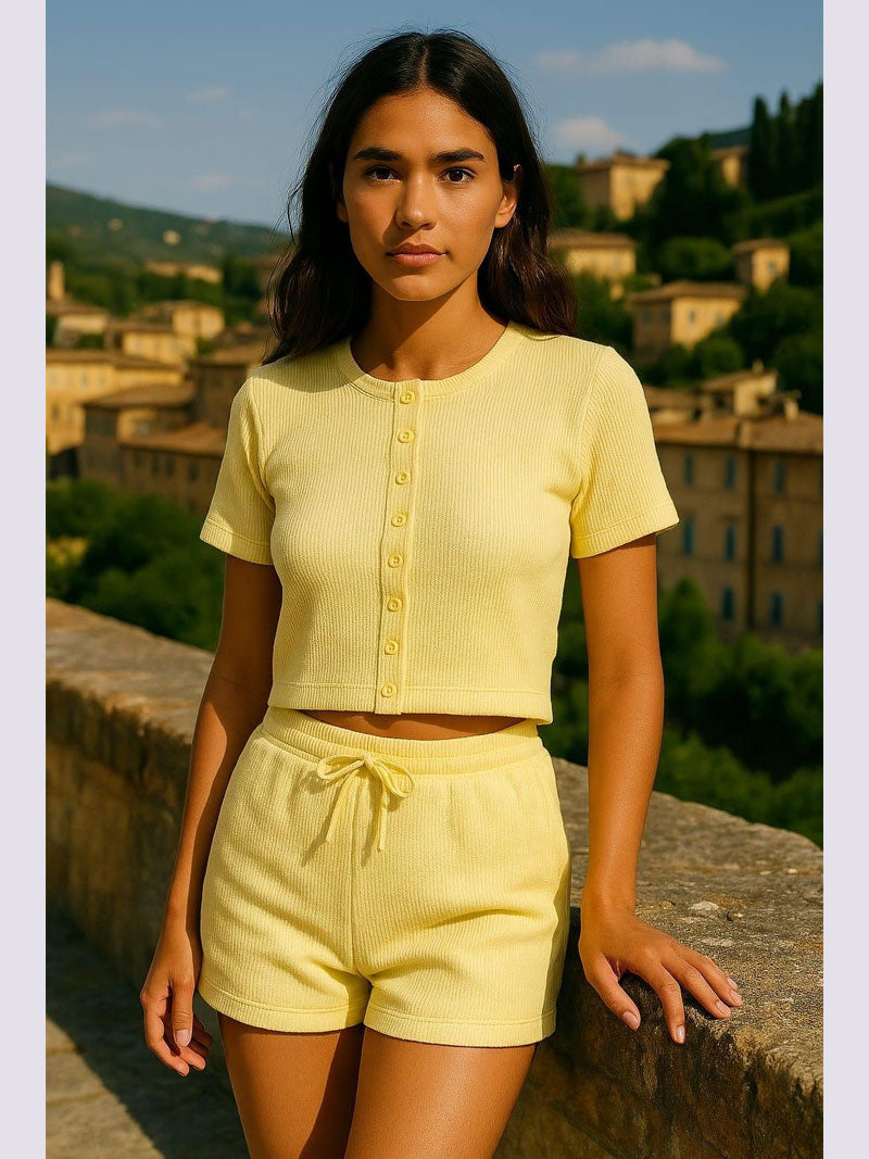 Ribbed Button Through Short Sleeve Top and Shorts Co-ord
