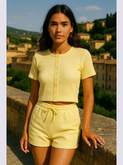 Ribbed Button Through Short Sleeve Top and Shorts Co-ord
