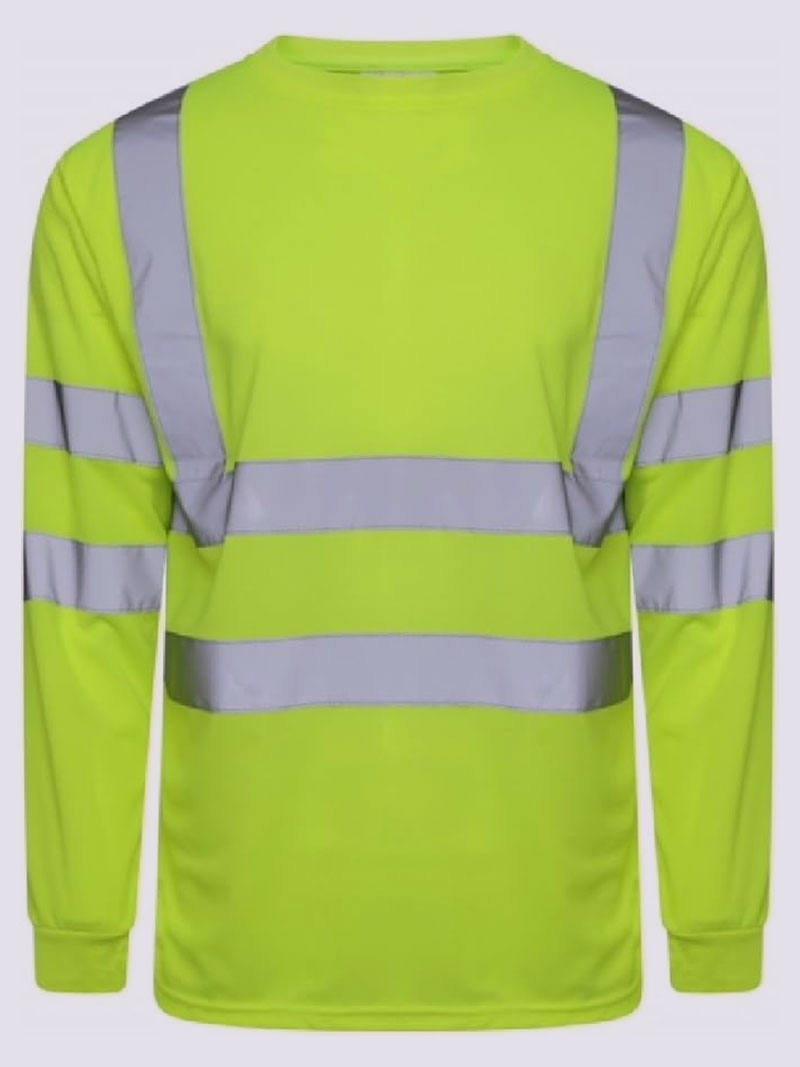 Hi Viz Mens Long Sleeve Crew Neck Two Tune Shirts - High Visibility Reflective Tape Safety Security Workwear Single Tone T-Shirt Tops