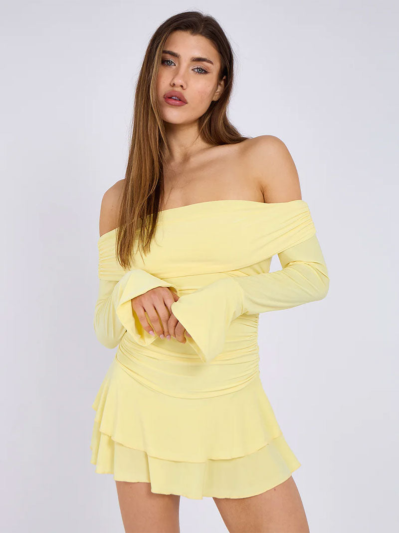 Side Ruched Off Shoulder Frill Detail Dress