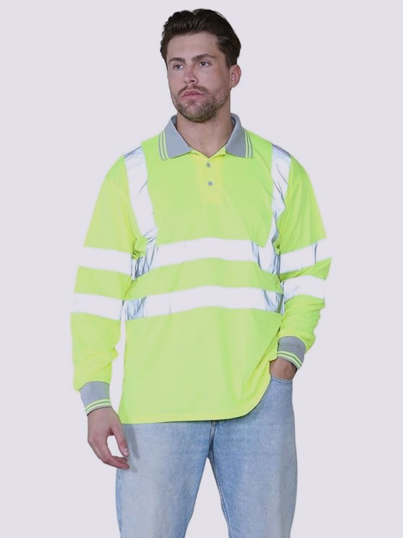 Hi Visibility Long Sleeve Polo T-Shirts, Men's Hi Viz Reflective Tape Safety Security Work Breathable Lightweight Workwear Shirts Tee Tops