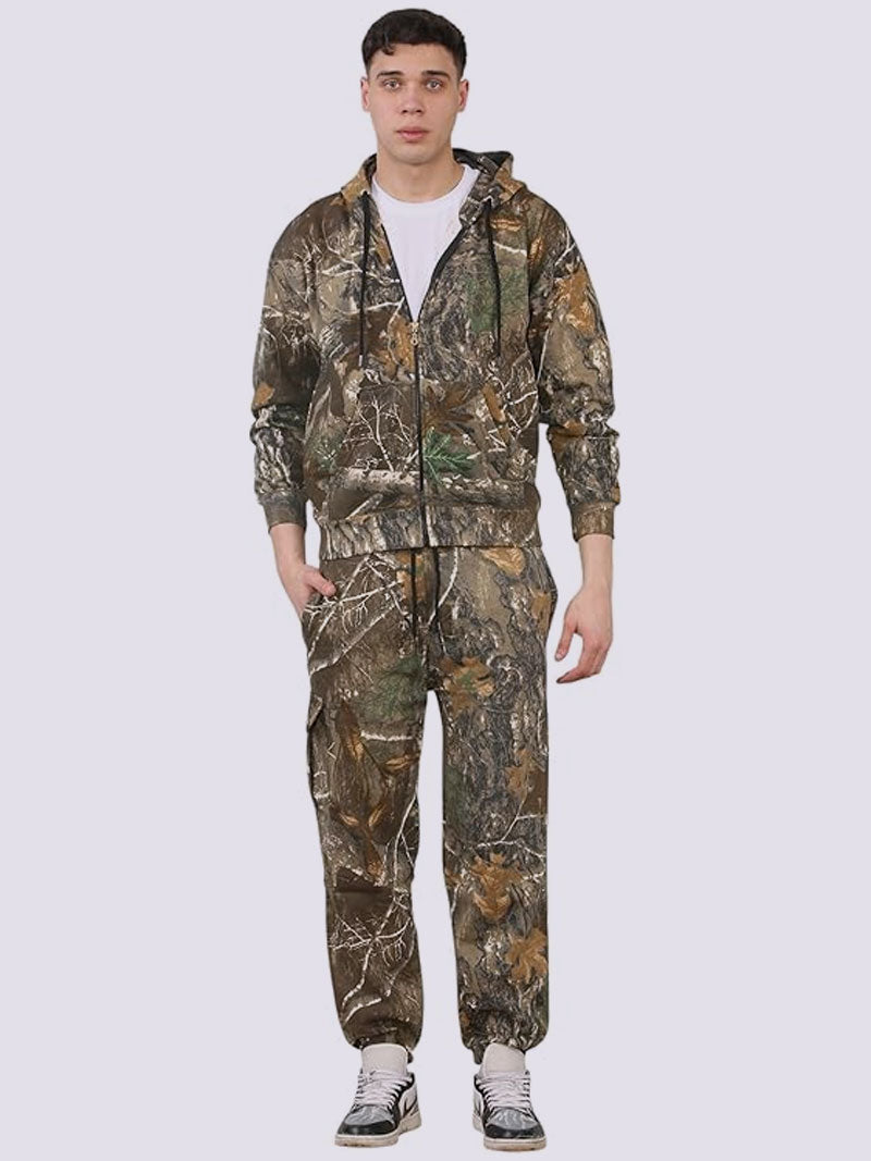 Mens Jungle Print Tracksuit, Military Tactical Outdoor Forest Hunting Hiking Zipper Hooded Sweatshirt & Cargo Combat Trouser