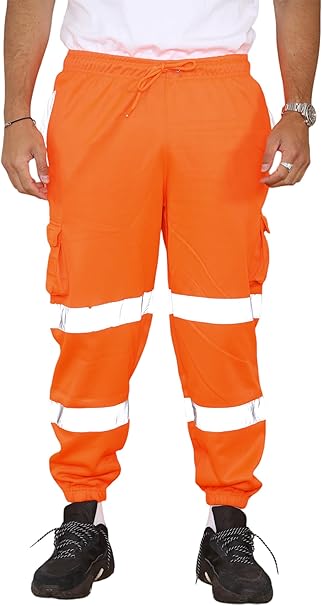 Mens high visibility work trousers with elasticated ankle cuffs