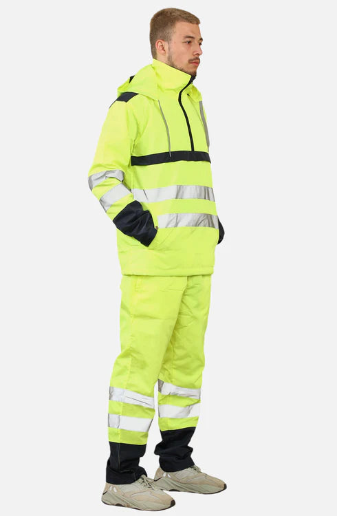 high visibility yellow waterproof workwear suit with reflective tape UK